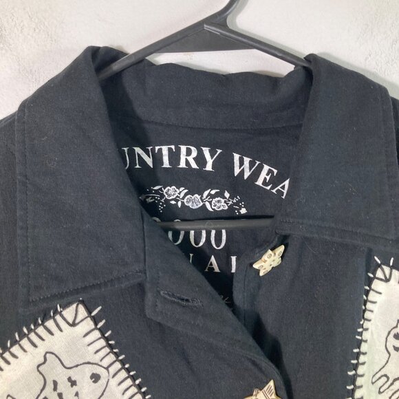 Womens Country Wear Button Front Patch Top Cats Fish Tree M NWT Cotton Linen Ble - Picture 3 of 13